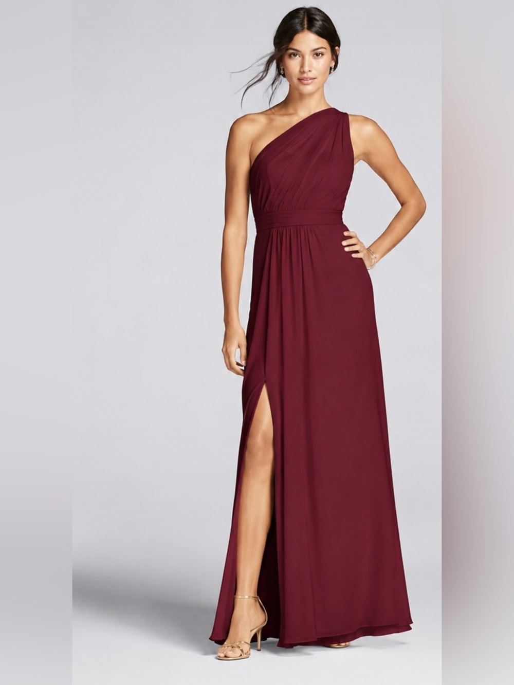NWT David’s Bridal Burgundy One Shoulder Formal Gown Size 4
